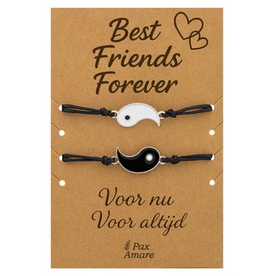 Vriendschapsarmbandjes voor 2 "Best Friends Forever" - Yin Yang - BFF Armbandjes met Persoonlijk Cadeau Kaartje - Zilverkleurig - Elastisch Verstelbaar - Pax Amare