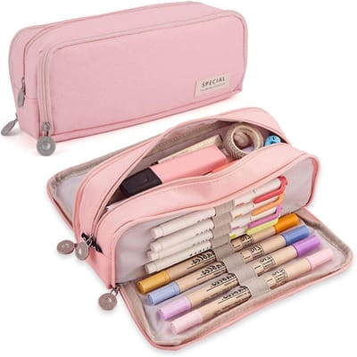 Trousse à crayons multifonctionnelle à 3 compartiments, grande capacité, pour filles, garçons, écoliers, étudiants, bureau, papeterie rose