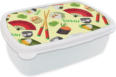 Broodtrommel Wit - Lunchbox - Brooddoos - Sushi - Japan - Patronen - 18x12x6 cm - Volwassenen