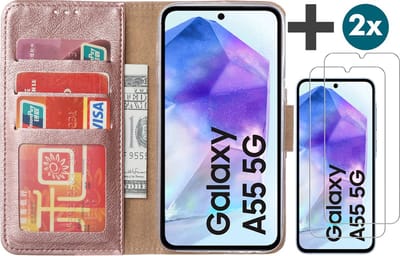 Hoesje met 2 Stuks Screenprotectors Geschikt voor Samsung Galaxy A55 – Arara bookcase met pasjeshouder - Rosegoud