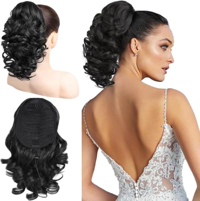 Korte losse golvende paardenstaart haarextensions van 10 inch voor dagelijks gebruik door vrouwen (Zwart)