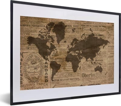 Poster in lijst - Fotolijst 40x30 cm - Posters - Wereldkaart - Retro - Krant - Posterlijst zwart - Decoratie - Wanddecoratie woonkamer - Muurdecoratie slaapkamer