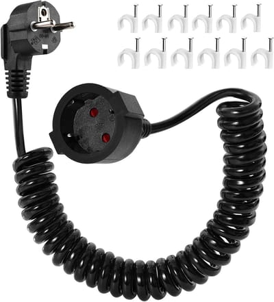 Spiraal verlengkabel 2 m met Schuko plug en koppeling, rekbaar van 0,75 m tot 2 m, 3680 W, ideaal voor thuisgebruik, flexibel en ruimtebesparend