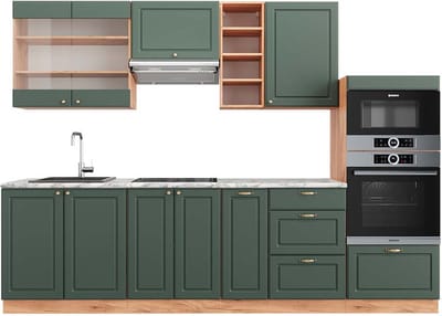 Vicco Fame-Line Complete keukeneenheid – 280 cm, WB Marmer Groen-Goud Land/Goud Power Eik