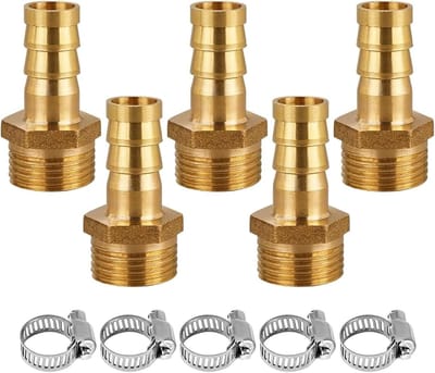 Hose Connector Set van 5 Stuks met 10mm Barbs en 1/2 Inch Mannelijke Draad, Inclusief Slangklemmen voor Lucht- en Waterleidingen