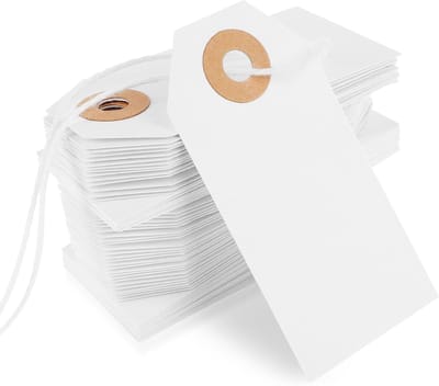 100 Stuks Grote Witte Prijslabels met Touw, Papieren Hangtags voor Prijzen, Versterkte Gaten voor Labelen van Geschenken en Kledinginventaris