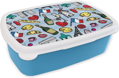 Broodtrommel Blauw - Lunchbox - Brooddoos - Parijs - Patronen - Frankrijk - 18x12x6 cm - Kinderen - Jongen