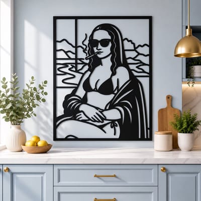 Mona Lisa Beach Vibes Wanddecoratie Zwart MDF – Lasergesneden Line Art Muurdecor – 35 cm Breed