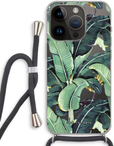 Case Company® - Hoesje met koord geschikt voor iPhone 14 Pro hoesje met Koord - Bananenbladeren - Telefoonhoesje met Zwart Koord - Bescherming aan alle Kanten en Over de Schermrand