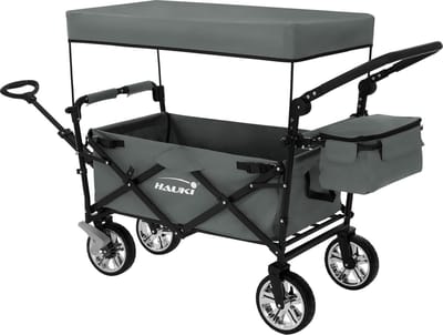 Hauki | Opvouwbare bolderkar XXL met dak en tas, tot 120 kg, van staal, grijs, transportkar, handkar, opvouwbaar, voor kinderen, picknick, tuin & kamperen