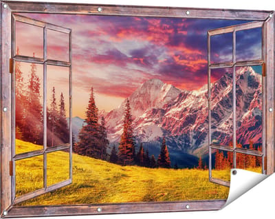 Gards Tuinposter Doorkijk Alpen Landschap met een Kleurrijke Hemel - 120x80 cm - Tuindoek - Tuindecoratie - Wanddecoratie buiten - Tuinschilderij