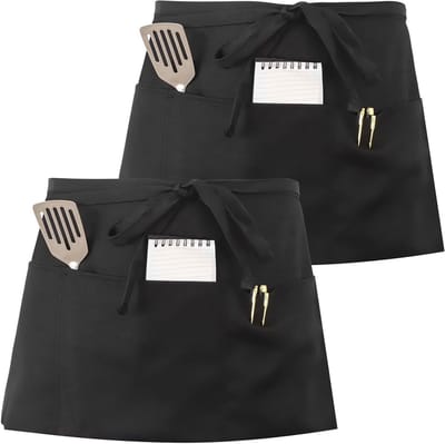 Set van 2 Waterdichte Keuken Schorten met 3 Zakjes, Korte Schorten voor Mannen en Vrouwen, Perfect voor Koks en Bediening in Restaurant en Bistro