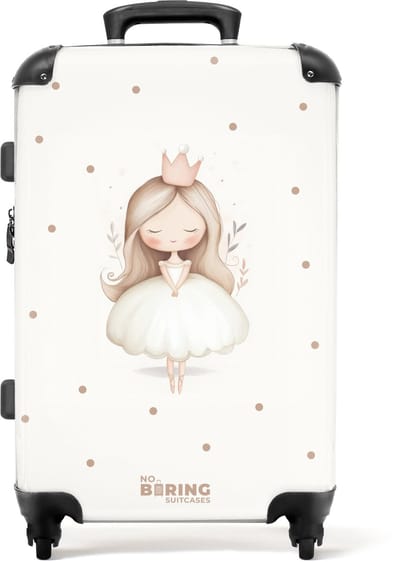 NoBoringSuitcases.com® - Kinderkoffer meisje - Kindertrolley meisjes - Ballerina prinses tussen beige stippen - Koffer kind groot - Rolkoffer lichtgewicht - Reiskoffer met 4 wielen - Grote trolley XL - 20 kg bagage