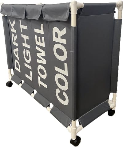 Lowander wasmand met deksel 120 liter - Wassorteerder met 4 vakken - Op wieltjes - Dark Light Towel Color - Wasverzamelaar met zwenkwielen - Grijs / Wit