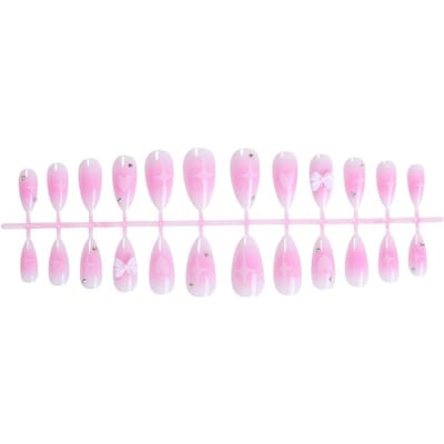24 Stuks Blush Roze Nepnagels Amandel 3D Strikjes Decoratie Pers-op Nagel Volledige Bedekking Zoete Glanzende Valse Nagel Tips Voor Vrouwen Meisjes roze