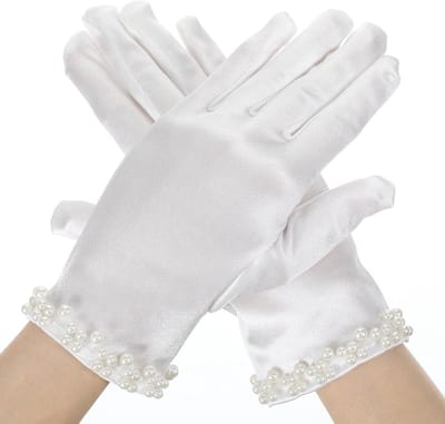 Elegante Korte Witte Satijnen Handschoenen met Kralen voor Dans, Feest, Verjaardag en Halloween