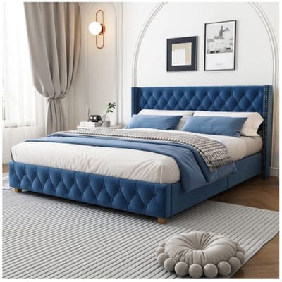 Gestoffeerd bed 160x200 cm - Blauw fluweel - Lattenbodem - Hoofdbord met klinknagels - Poten van massief hout blauw