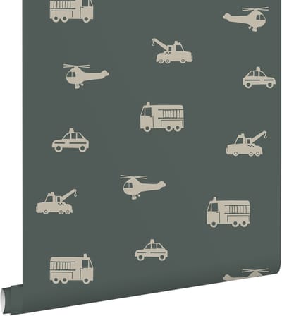 ESTAhome behang auto's, brandweerauto's, helikopters en kranen donkergroen - 53 cm x 10.05 m - 131400