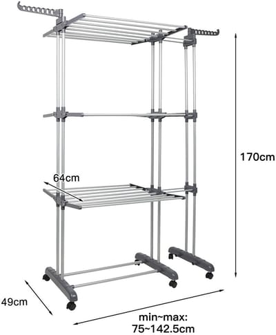LUMÉ STORE Droogrek - Droogtoren - Wasrek - XL - 3 Niveaus - 6 Vleugels - Uitschuifbaar - Wielen - Opvouwbaar - 75-142cm - Grijs