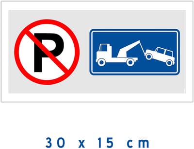 Pictogram/ bord | Stilstaan en parkeren verboden - Wegsleepregeling | 30 x 15 cm | Kunststof | Grijs | Hier niet parkeren | Garagepoort | Poort | Takelen | 1 stuk