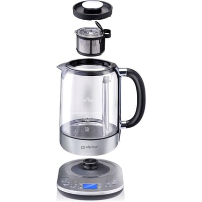 alpina Waterkoker met Theemand - 1.7 L - 2200 W - Elektrische Waterkoker - Theemaker - Waterketel - Warmhoudmodus - Droogkookbeveiliging - Digitaal Display - RVS - Glas