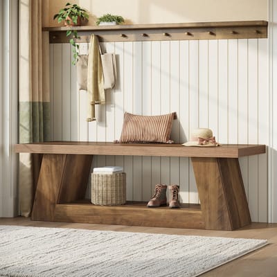 LITTLE TREE Landelijke Bankje - 160x35x45 cm - 2 lagen - Massief Hout- Met opbergruimte voor hal - Bruin