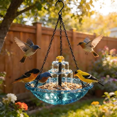 1 Dubbellaags vogelbad op zonne-energie - 45 x 23,5 cm - Hangend vogelbad voor buiten - Groot vogelbad met kolibriefontein - Uitgerust met waterpomp op zonne-energie - Blauw