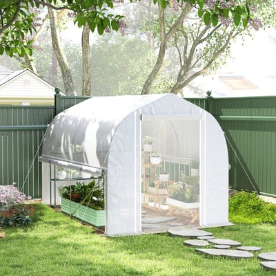 MEUNIQ Tunnelkas 300 x 200 x 200 cm met 4 ramen en oprolbare deur, foliekas met rolbare zijwanden, UV-bestendige PE-afdekking en gegalvaniseerd stalen frame, wit