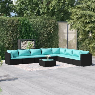 vidaXL - 9-delige - Loungeset - met - kussens - poly - rattan - zwart