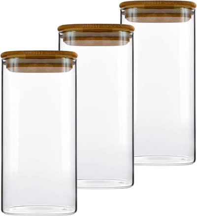 Thijox - Luchtdichte Voorraadpotten Set van 3 - 1500ml Glas met Houten Deksel - Perfecte Opbergpot voor Muesli, Bloem, Noedels en Spaghetti - Keuken E