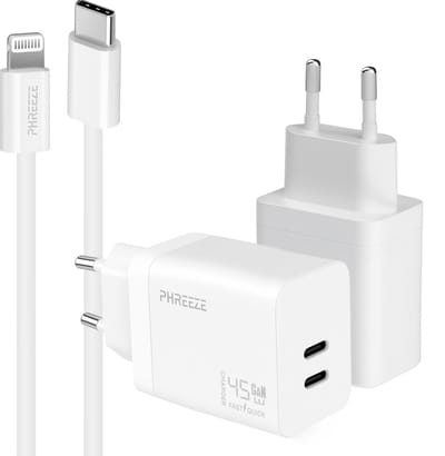 Phreeze usb C snellader geschikt voor iPhone 14 13 12 11 en iPad met Lightning kabel - Power delivery oplader 45w