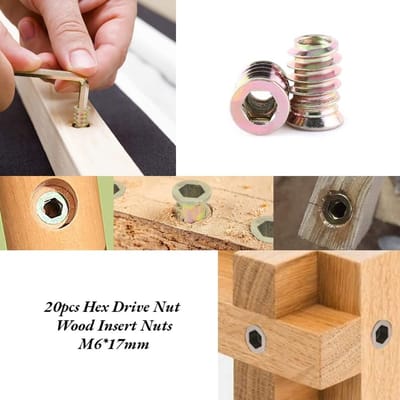 Dailygoods- Steekmoeren Set van 20 Stuks - M6/M8/M10 - Zeskant Moeren - Zinklegering - Houten Inzetstukken - Buitendraad