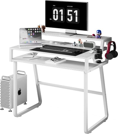 Soontrans-Bureau-Computerbureau Met Monitorstandaard- Bureautafel Lades-Gaming Bureau Met Hoofdtelefoonhaak- Bekerhouder-PC-Tafel-Hoekbureau-Computertafel Eenvoudig te Monteren-Ruimtebesparend-Bureau voor Kantoor-Studeerkamer-Slaapkamer-Wit