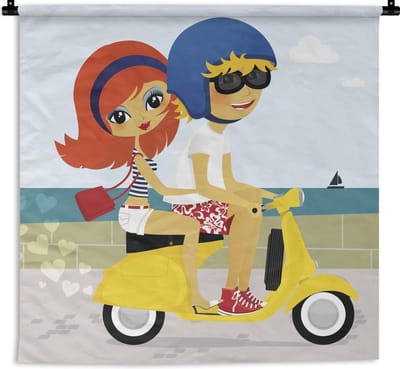Wandkleed Vespa illustratie - Illustratie van twee mensen op een Vespa scooter Wandkleed katoen 60x60 cm - Wandtapijt met foto