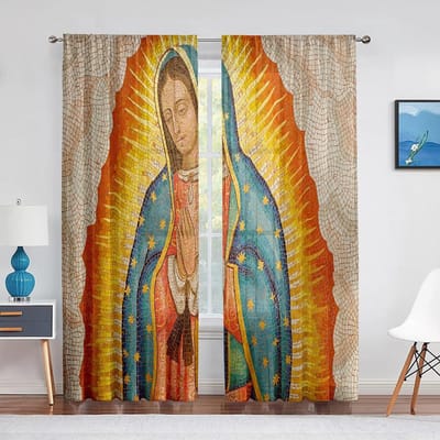 Onze Lieve Vrouw van Guadalupe Mexicaanse Heilige Maagd Maria Bloemen Doorzichtig Gordijn voor Slaapkamer Woonkamer Keukenruimte Jaloezieën Raambekleding Set van 2 Panelen (W100H240cm)-2pcs&Grommet Top