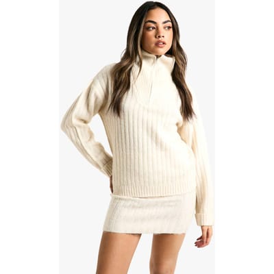 boohoo Dames Zachte gebreide dikke ribtrui met ritssluiting en oversized jumper en minirok set | Ecru | Maat: Small