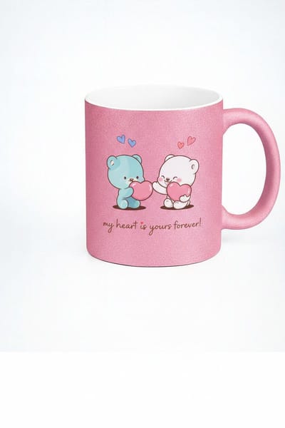 Roze Glitter Mok met Lieve Beren & Harten - 'My Heart Is Yours Forever!' - Romantisch Cadeau Liefde Mok