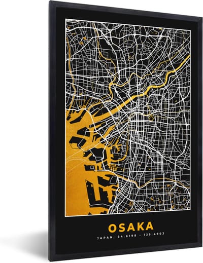 Fotolijst incl. Poster - Osaka - Kaart - Stadskaart - Plattegrond - Goud - 40x60 cm - Posterlijst