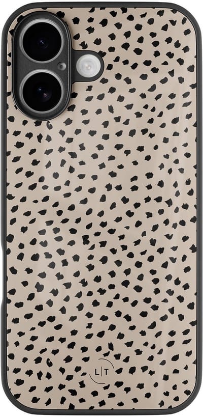 Hoesje geschikt voor iPhone 16 - Almond dots - Luxe Glazen Hardcase - Gestipt - Beige - Leuke Telefoonhoesjes