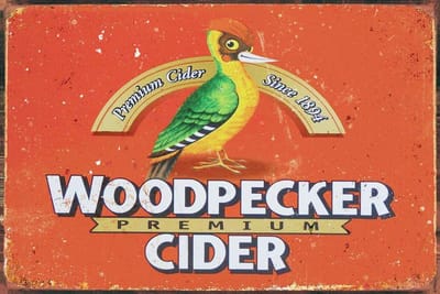 METALEN WANDBORD - WOODPECKER - DRANK CIDER RECLAMEBORD - MUURPLAAT - VINTAGE - RETRO - WANDDECORATIE -TEKSTBORD - DECORATIEBORD - RECLAME  - NOSTALGIE - SPECHT - 30 x 20 cm - nr 722