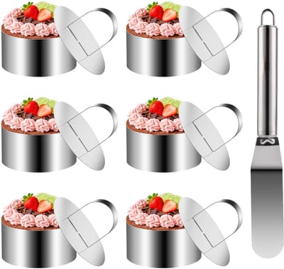 Set van 6 Ringen voor Taart en Dessert, RVS Bakvormen voor Tartaartjes, Diameter 7,5 cm, Inclusief Spatel en Taartschep