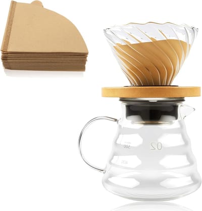 Gietkan voor Koffiezetten van Borosilicaatglas met Houten Basis en Siliconen Kussen, Inclusief 50 Papieren Filters, 12 cm Hoog, Perfect voor Filterkoffie en Thee