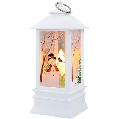 Kerstlantaarn voor buiten, werkt op batterijen, verlichte kleine windlamp, hert, sneeuwpop, engel, kerstman Small White Snowman beige