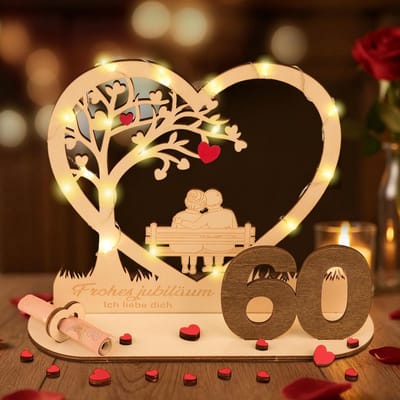 cadeau, houten huwelijksdecoratie, 60 jaar, cadeau-idee voor het 60e huwelijksjubilee, zilveren cadeauverpakking, tafeldecoratie, Klassiek, 17 x 15 x 20 cm, 1 stuk