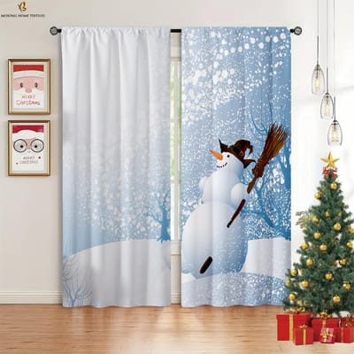 Vintage Kerstboom Sneeuwman 3D Print Gordijn Polyestervezel Kerst Vakantie Feest Decoratie Gordijn 2 Stuks W50xH130(CM)x2PCS&Rod pocket gray