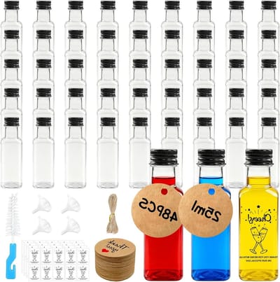 48 Stuks Mini Shot Flessen 25ml, Herbruikbare Plastic Flessen met Trechter, Labels en Touw voor Bruiloften en Feesten