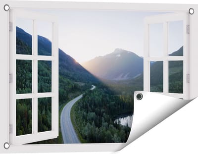 Gards Tuinposter Doorkijk Weg Door het Bergen Landschap - 60x40 cm - Tuindoek - Tuindecoratie - Wanddecoratie buiten - Tuinschilderij