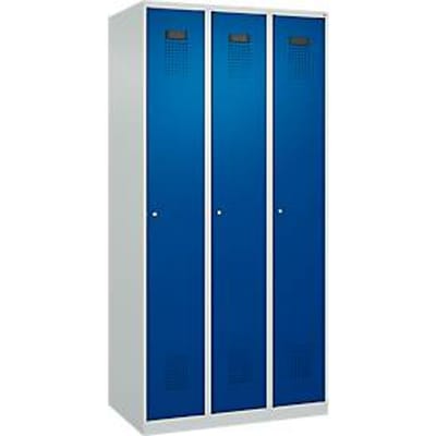 C+P Evolo Plus garderobekast, 3 vakken, rechts scharnierend, cilinderslot, B 900 x D 500 x H 1850 mm, lichtgrijs/enziaans blauw