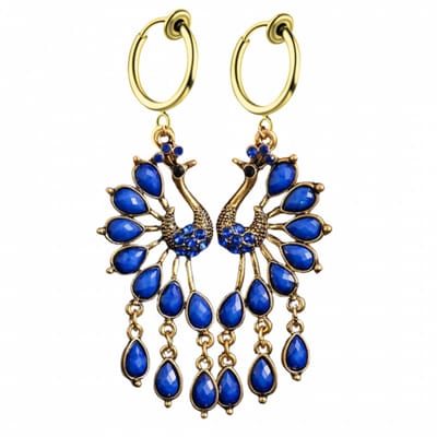 Klem oorbellen - blauwe pauw - goudkleurig - geen gaatje- Charme Bijoux
