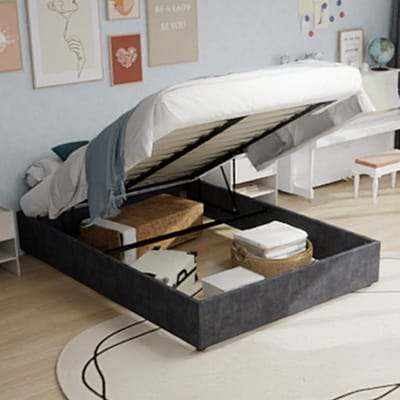 MODENUIT Gestoffeerd Bed 160x200 cm – Met Gasveermechanisme – Geometrisch Hoofdbord – Metaal en Stof – Grijs – Zonder matras